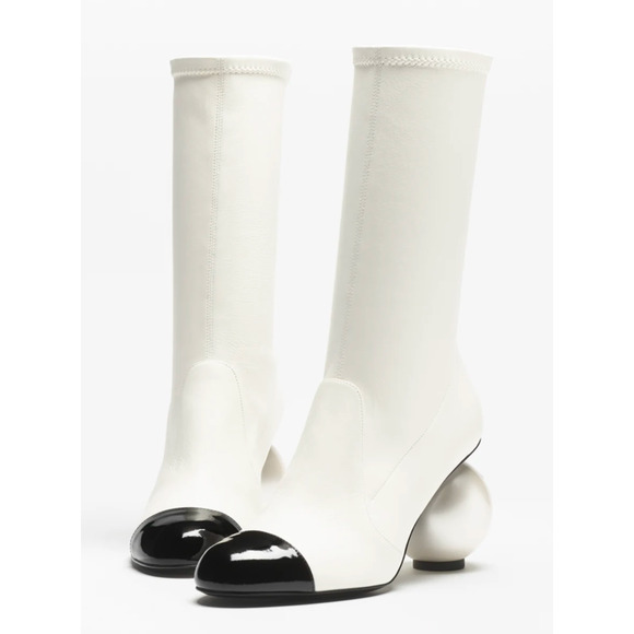 Chanel 25K White Black Pearl Ball Heel CC Logo Stretch Leather Midcalf Boot 39.5 - Picture 14 of 16